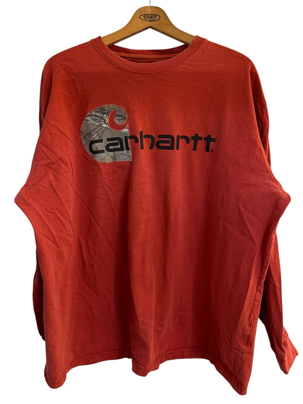 Carhartt Rust Orange Long Sleeve Logo Shirt with Camo Accent